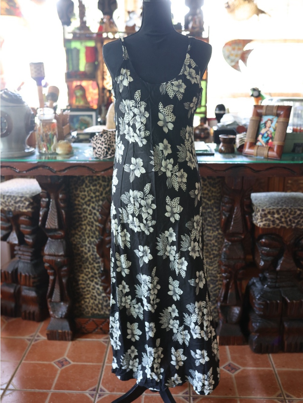 Black Floral Midi Slip Dress with White Bloom Print